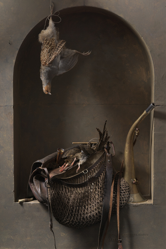 Nature morte de chasse avec gibecière et perdreau